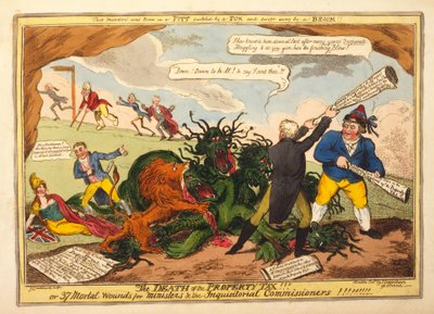 The Death of the Property Tax!! or 37 Mortal Wounds for Ministers and the Inquisitional Commissioners, pub. 1816 by George Cruikshank